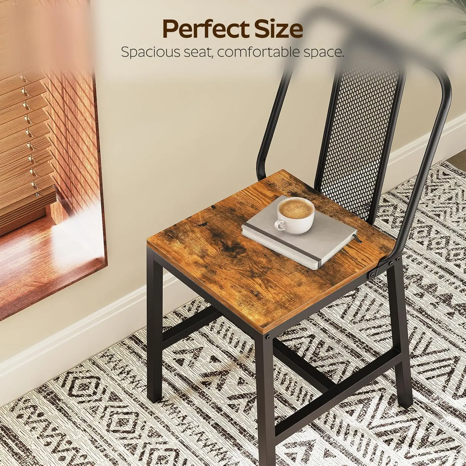 Dining Chairs Set of 2. Wooden. Kitchen. Back Support. Rustic Brown & Black. CY01L2BR.