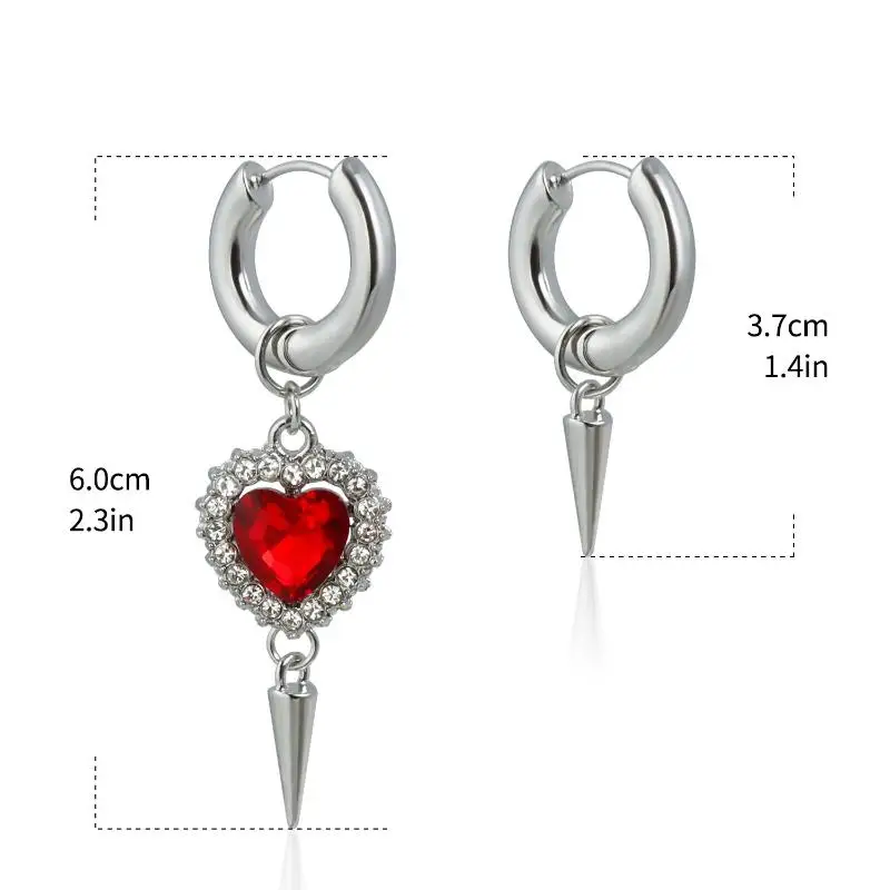 1Pair Punk Silver Color Asymmetry Flower Hoop Earrings For Women Fashion Red Zircon Heart Earrings Party Jewelry Accessorie Gift