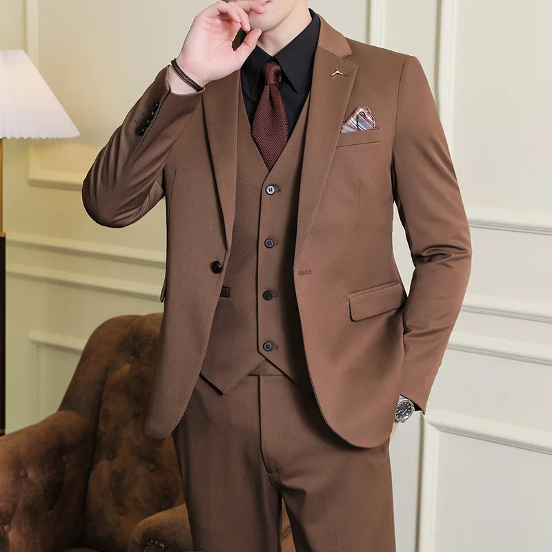 6869 Solid color three piece groom suit