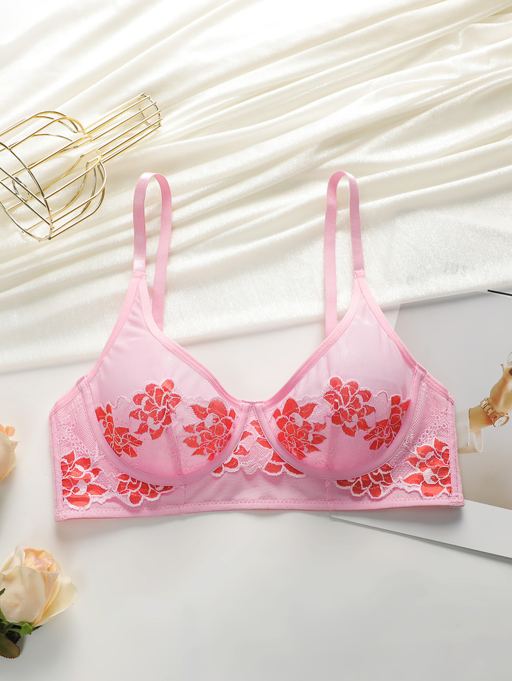 Women's Sweet Underwear Lace Embroidered Flower with Steel Hoop Gather Push Up Daily Comfortable Breathable Bra YS2787