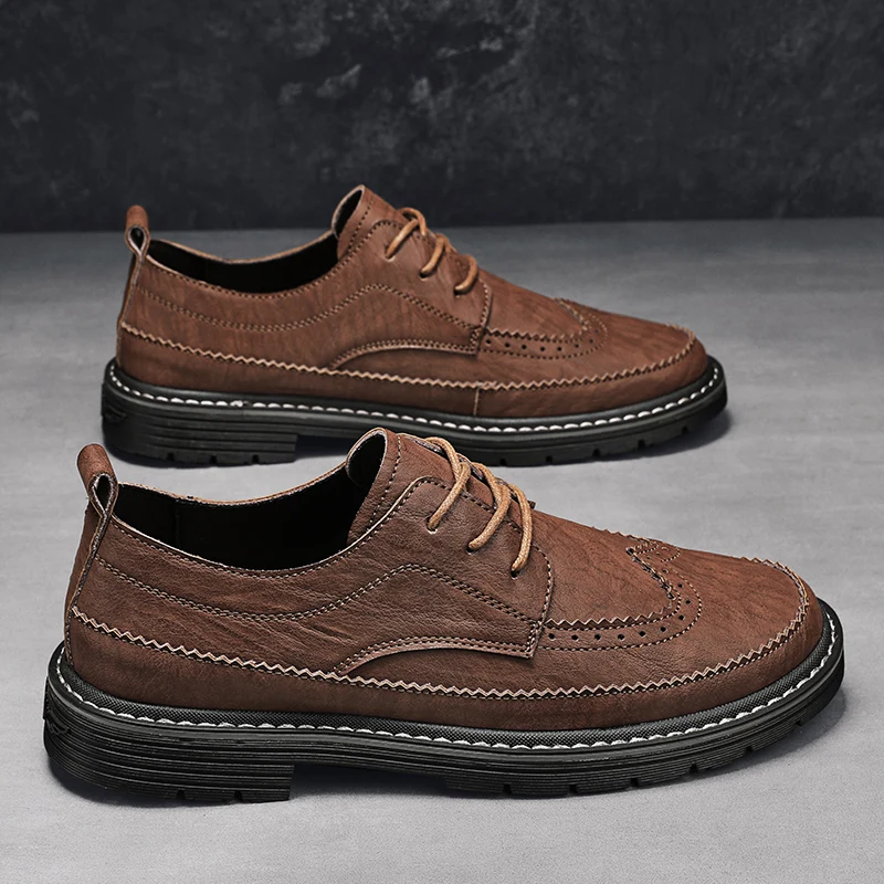 2023 New Business Men's Casual Flat Shoes Soft and Comfortable Pure Manual Sewing Lace Up Solid Color Fashion Walking Shoes