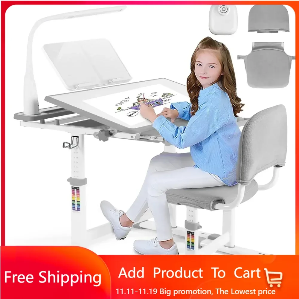 Kids Study Desk and Chair Set Height Adjustable Children School Girl Table Large Writing Board Desk with LED Lamp