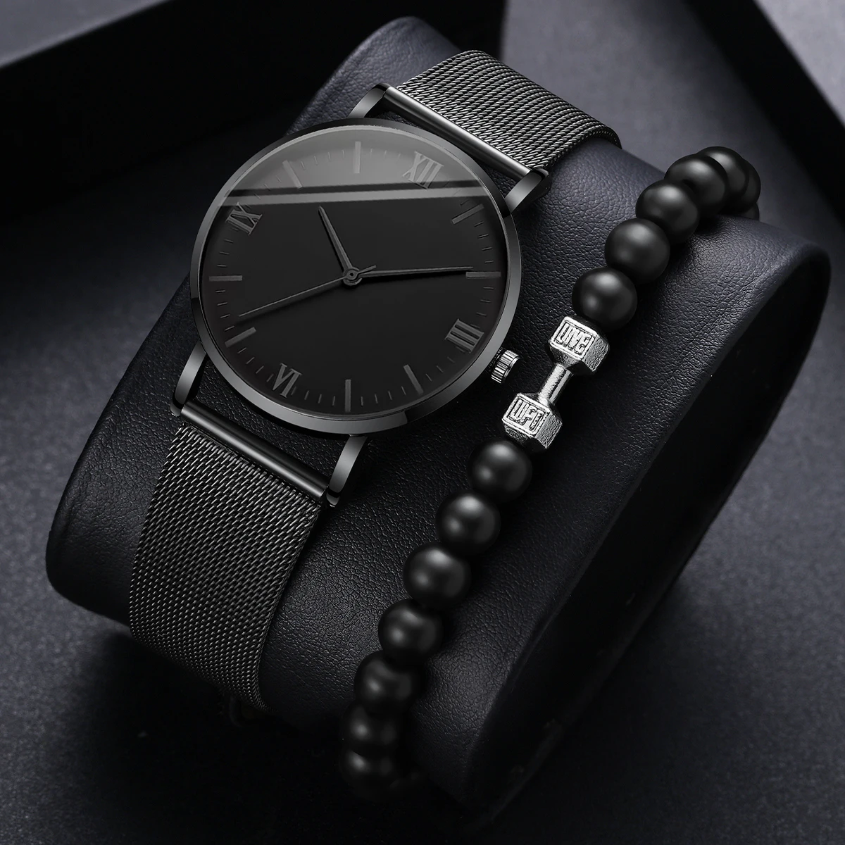 Fashion Men Mesh Band Quartz Watch with Beads Bracelet Black 2