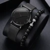 Fashion Men Mesh Band Quartz Watch with Beads Bracelet Black 2