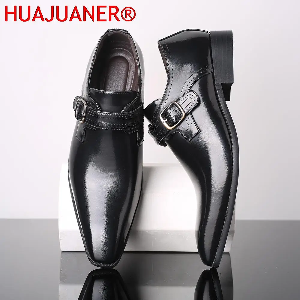 Men's Fashion Vintage Buckle Derby Shoes Men Leather Dress Shoes Wedding Party Mens Business Office Oxfords Slip-On Flats