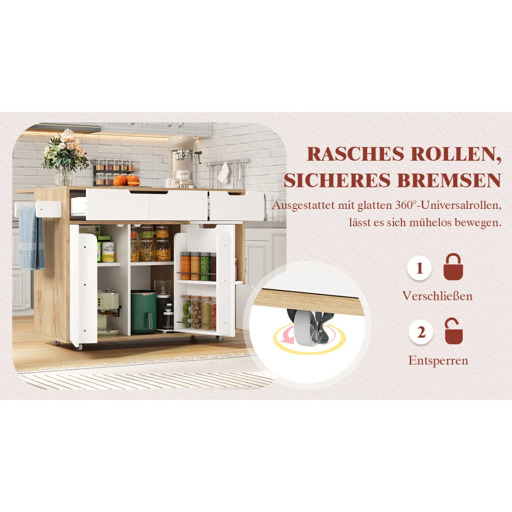 Kitchen Island with Cabinet Doors and Open Compartments Service Trolley with 360° Wheels and Drawers for Easy Mobility