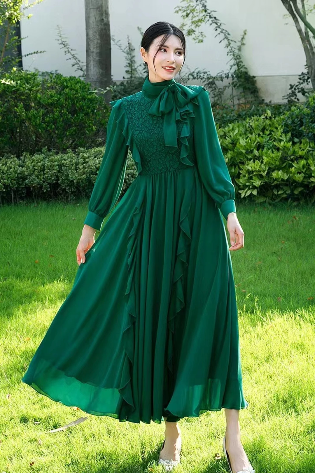 

Женское длинное облегающее платье, элегантное вечернее платье составного кроя с длинным рукавом, кружевными оборками и широким подолом, весна-осень 2023