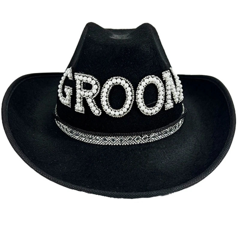 Artificial Pearl Cowgirl Hat for Bride Groom BrideToBe Cowboy Hat Bachelorette Party Headwear Wedding Celebration