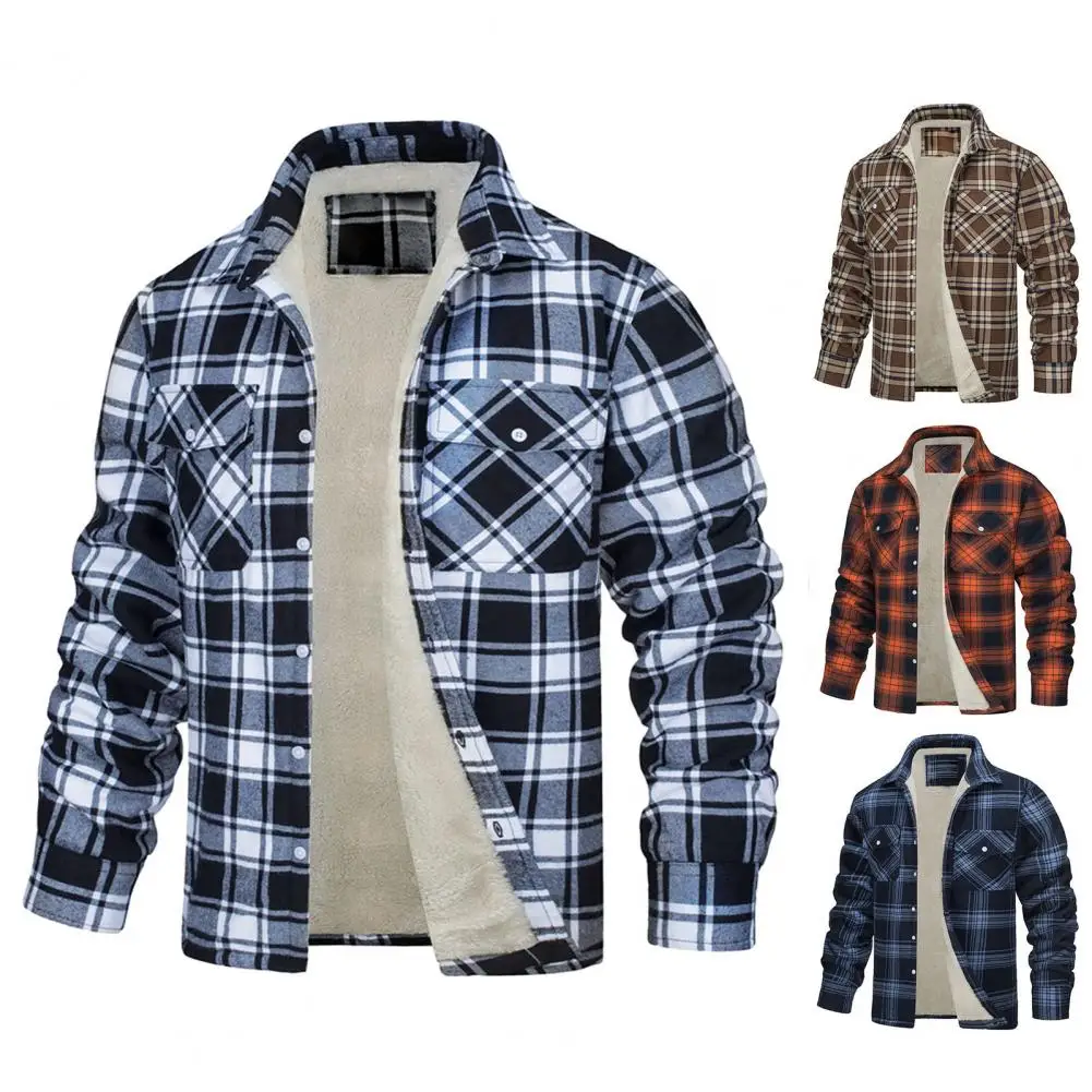

Men Fleece Plaid Flannel Shirt Jacket Button Up Casual Plush Lapel Cotton Jacket Thicken Warm Winter Spring Work Coat Outerwear