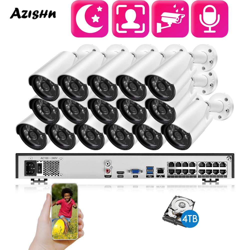 AZHSHN 야외 5MP H.265+ POE NVR 방수 모션 감지 보안 감시 비디오 얼굴 인식 오디오 IP 카메라 P2P