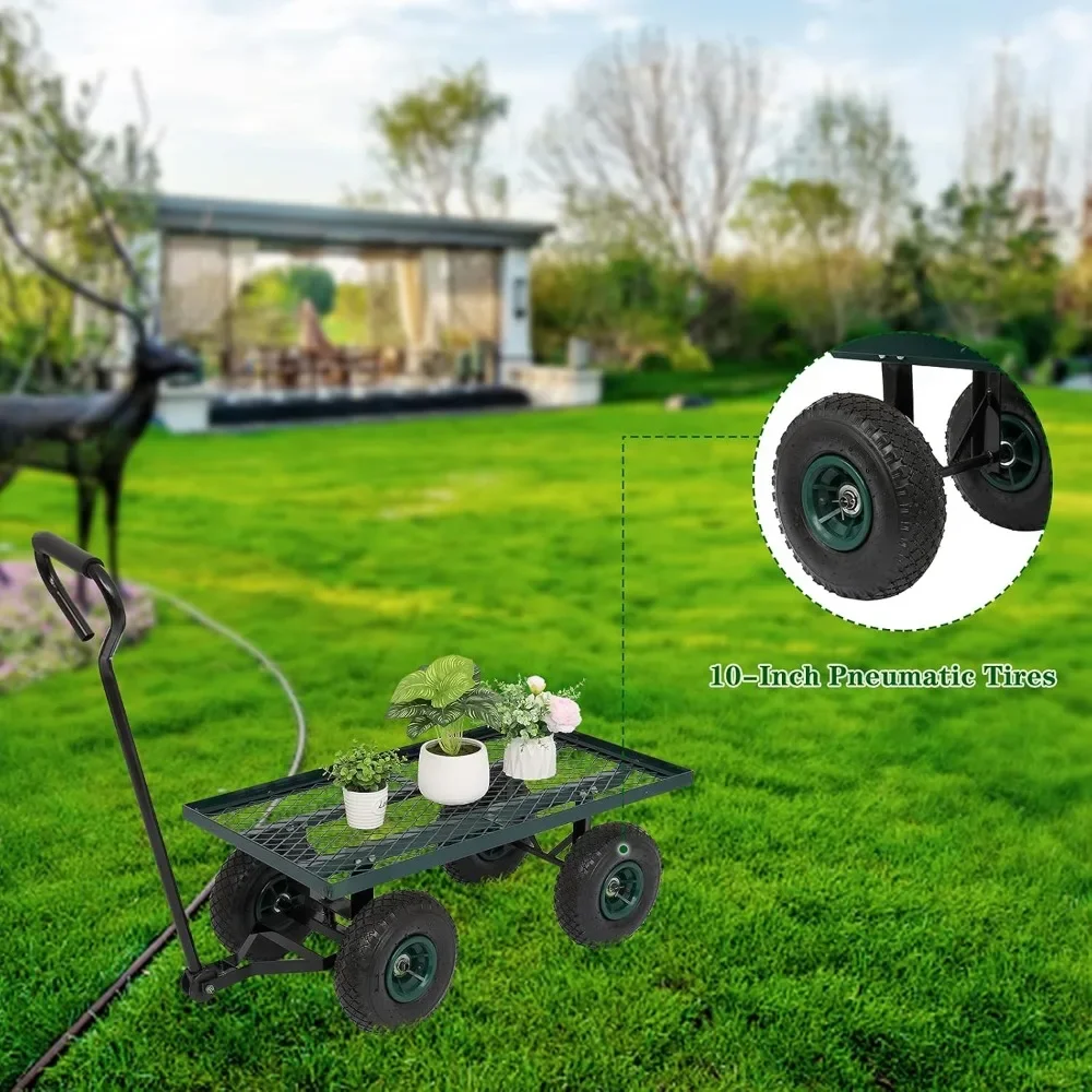 Steel Garden Cart Utility Heavy Duty Wagon, 10-inch Pneumatic Turf Tires Green