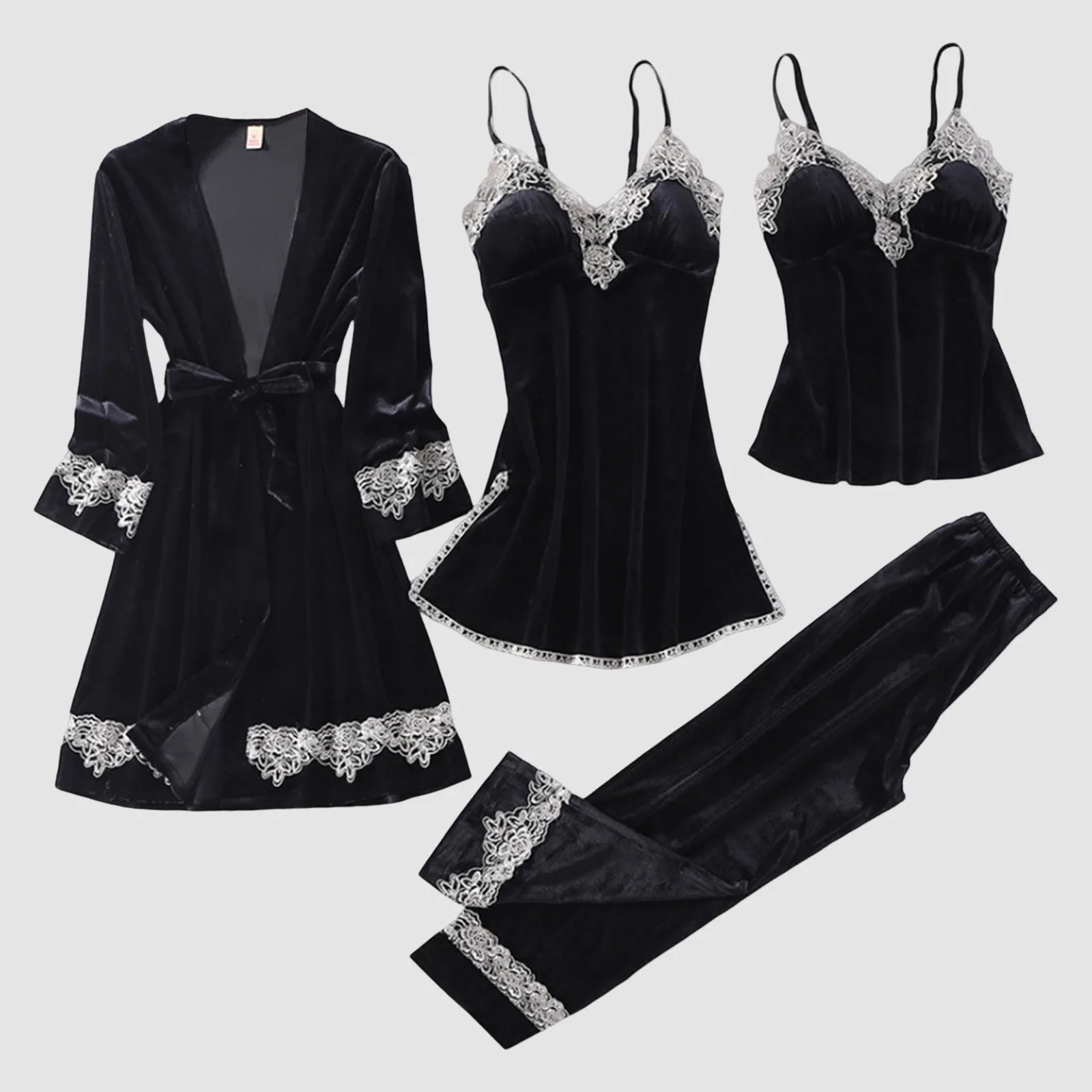 

4pcs Sleepwear Pajamas Set Satin Pyjamamas Lace Patchwork Nightwear Velvet Home Wear Nighty&Robe Suit Silk Solid Pijama Sets