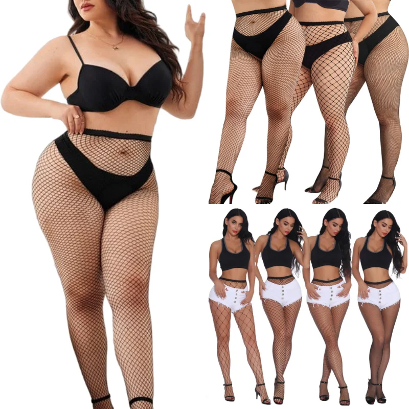 Calze A Rete Da Donna Oversize Plus Size Collant Sexy Pizzo Nero Calze Intere Calze Lunghe Giarrettiere Calze Collant Lingerie