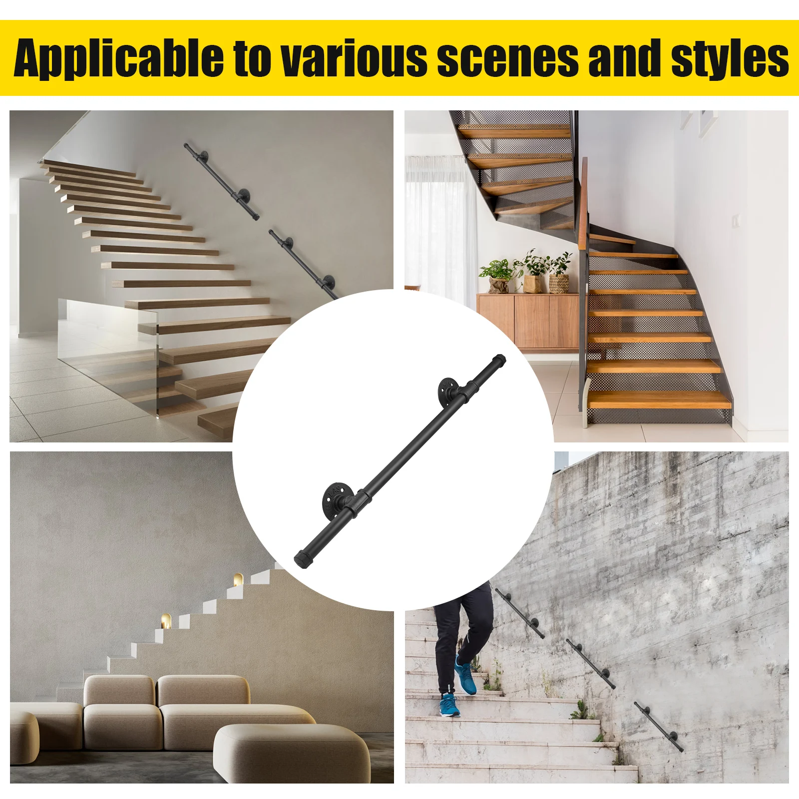 3.3FT Wall Mount Industrial Iron Loft Stair Handrail Stainless Steel Black Pipe Rail Indoor Stairway 110lbs Load Capacity
