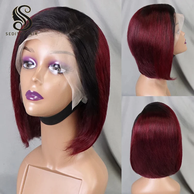 

Dark Roots Burgundy Pixie Cut Straight Human Hair Wig Pre Colored 13X4 Frontal Lace Brazilian Remy Human Hair Bob Wig For Women