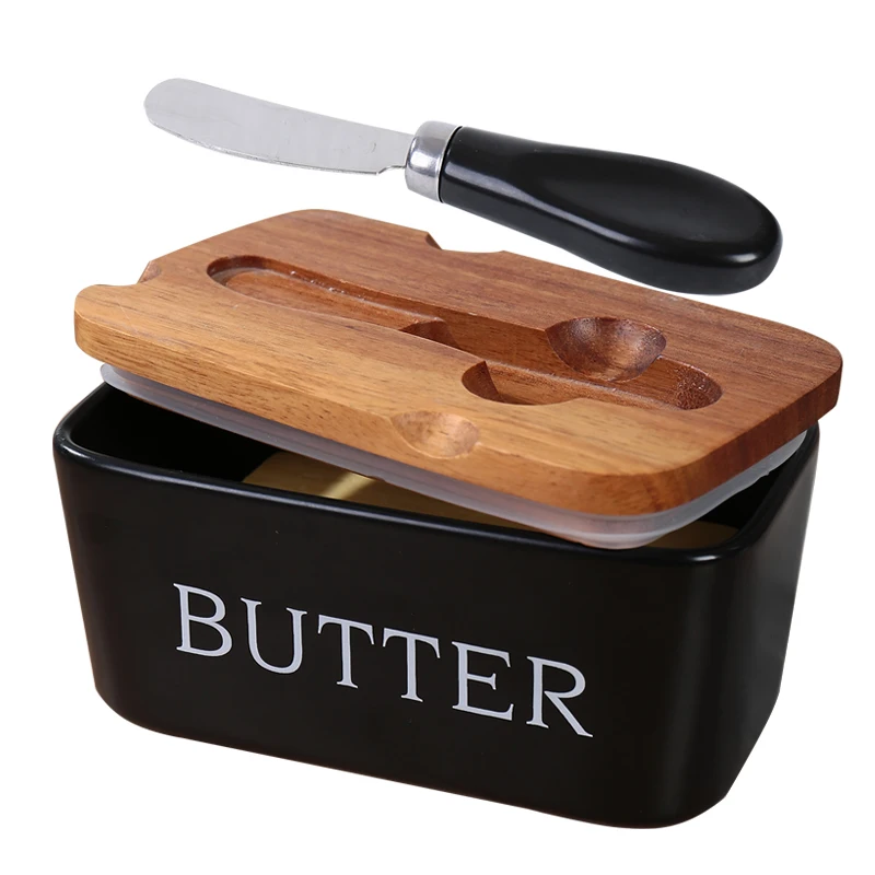 Black Butter Dish with Lid and Knife for Countertop Airtight Ceramic Butter Retainer with Acacia Wood Cover for Counter or Refrigerator Black Trim & Accessories