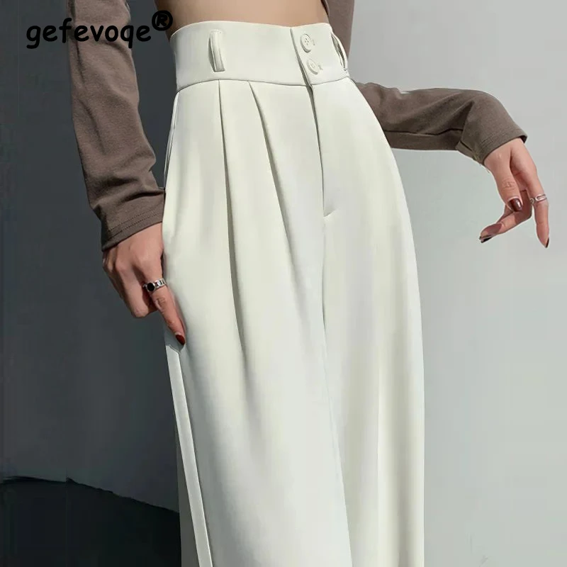Women's Korean Fashion Pleated High Waist Streetwear Wide Leg Suit Pants Female Solid Loose Straight Trousers Elegant Pantalones