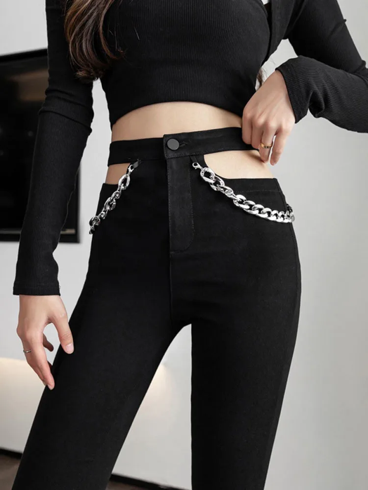 chain Cotton Jean Women Hollow Out Fashion Jeans Woman High Waist Pants Straight Leg Black Denim Clothing Streetwear levis jeans