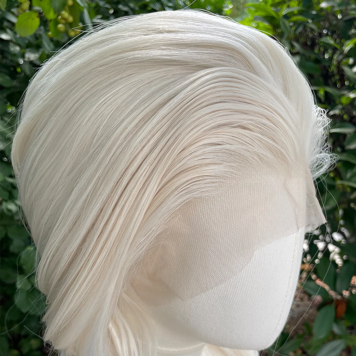 Platinblonde 13x4 synthetische Lace-Front-Perücken für Frauen, Cosplay, schulterlang, kurze lockige synthetische Perücken, Schichten, Pferdeschwänze – Detail 3