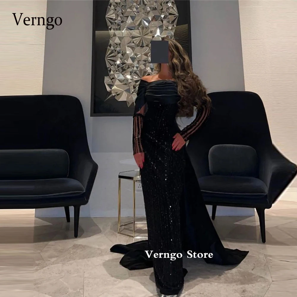 

Verngo Sparkly Black Sequin Long Evening Dresses Off the Shoulder Sleeves Glitter Saudi Arabic Women Party Formal Prom Gowns