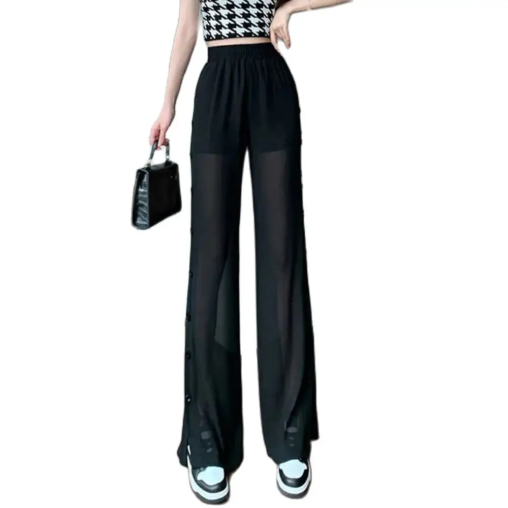 Lce Silk Wide-leg Pants Women's Thin Summer Pants With High Waist Drooping Feeling Slim Chiffon Loose Straight Slit Pants Women.