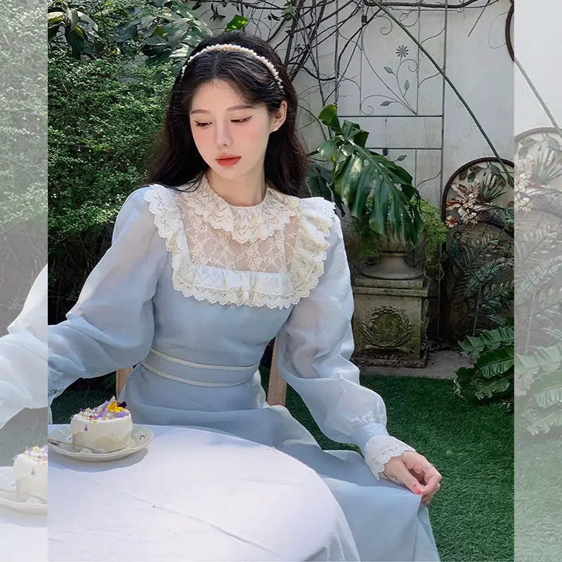 

Faymusty Fairy Party Dress Vintage Female Elegant 2022 Fashion Sweet Chic Long Lace Mesh Princess Dress Vestido Mujer traf robe