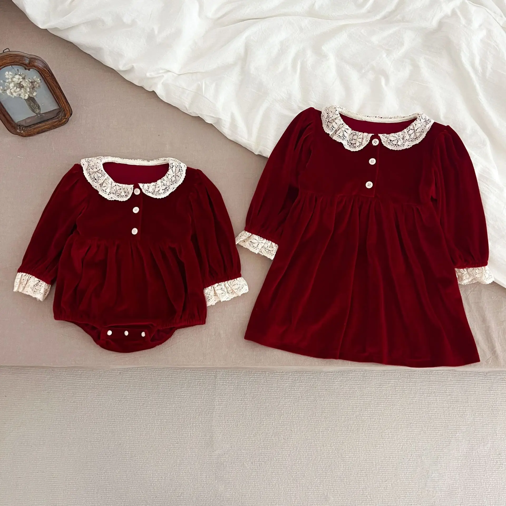 Kind Mädchen Zwei Stil Kleid Elegante Burgund Samt Outfits Spitze Peter Pan Kragen Spitze Getrimmt Manschetten Kinder Rock Baby Strampler – Detail 12