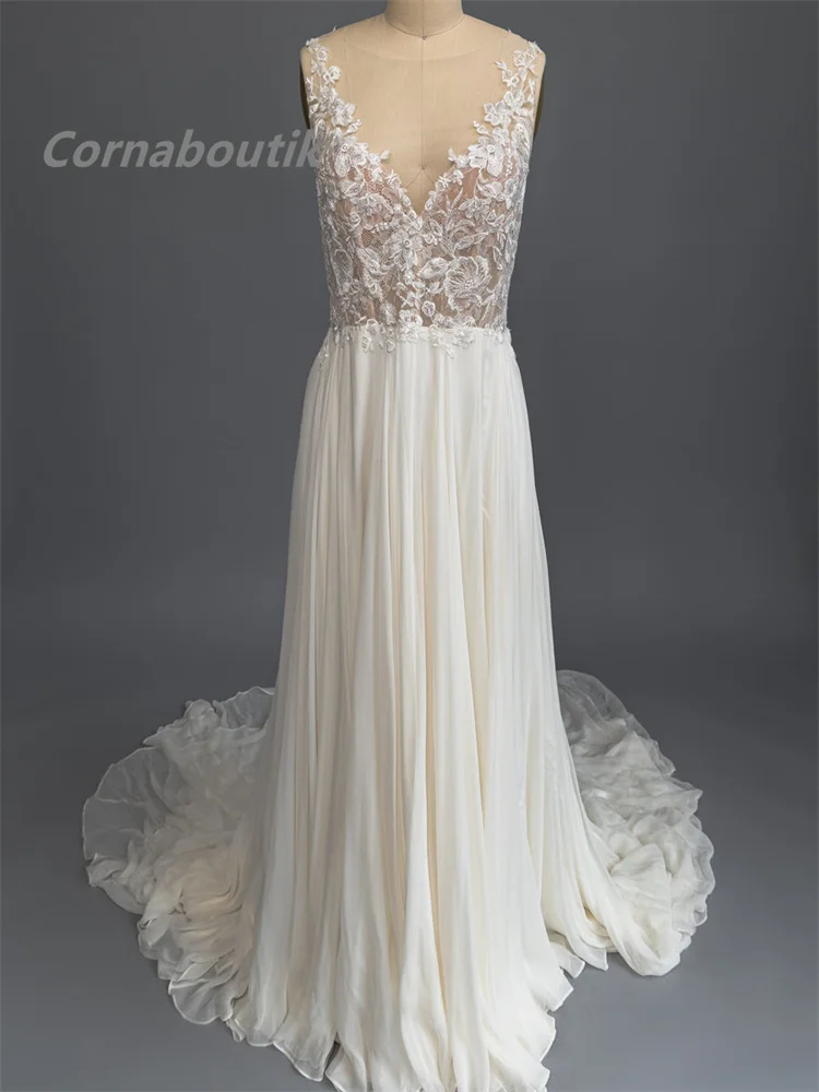 Vestidos largos de chiffon con encaje en escote en V profundo y espalda descubierta Topo