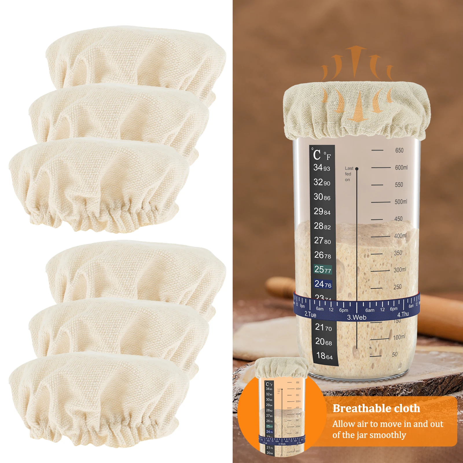 Set of 6 Reusable Elastic Cloth Covers for Sourdough Fermentation Jars