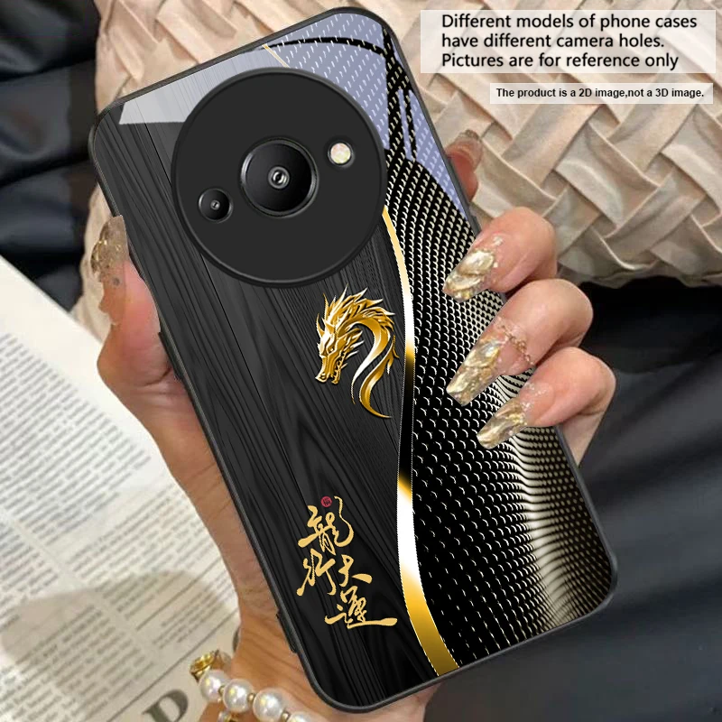 Elegant Black Tempered Glass Phone Case with Traditional Dragon Totem Design