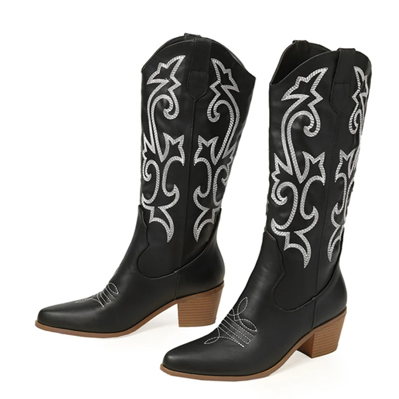 Autumn Winter Fashion Embroidered Western Cowboy Boots Women Leather Pointed Toe Low Hoof Heels Slip On Knee High Shoes