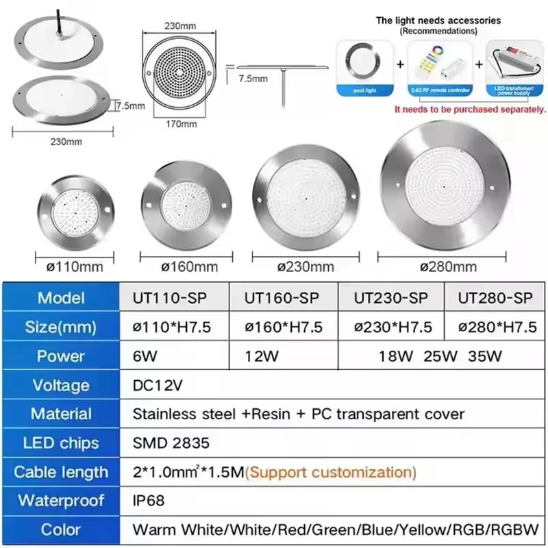 슬림 플랫 수영장 조명 12V 6W 12W 18W 25W 35W LED 컬러풀 라이트 투야 WIFI 수중 수영장 조명