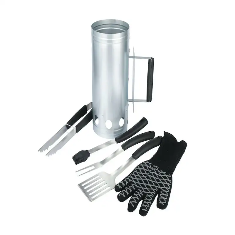 

Steel Charcoal Chimney 6pc Value Set with Spatula, Basting Brush, BBQ Fork, Tongs and EN407 932F Heat Resistant Glove