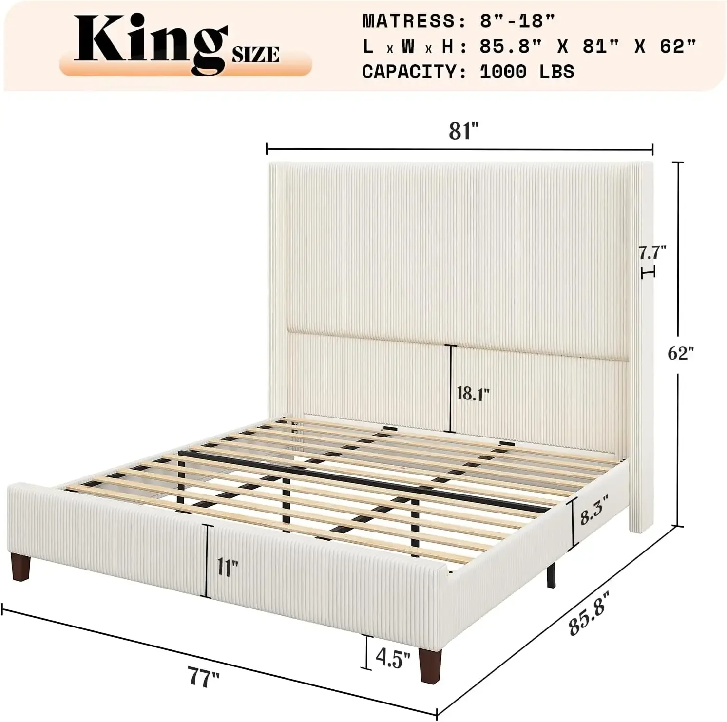 Queen Size 62" Corduroy Upholstered Bed Frame, Luxurious Platform Bed with Extra Tall Wingback Headboard and Vertical Stripe 3