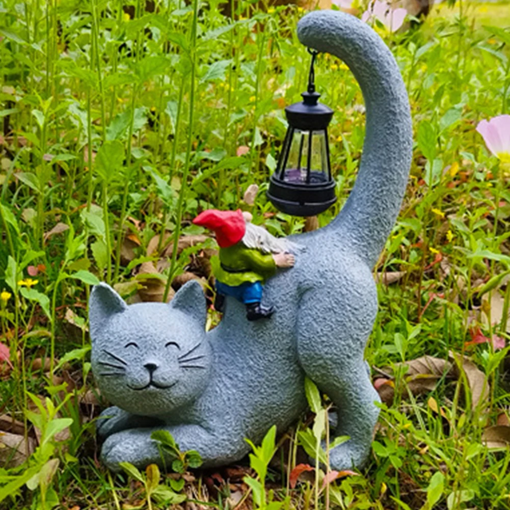 태양열 고양이 정원 입상 조명, 태양열 LED 조명, 귀여운 고양이, 그놈 야외 태양광 조명, 파티오 발코니 마당 잔디