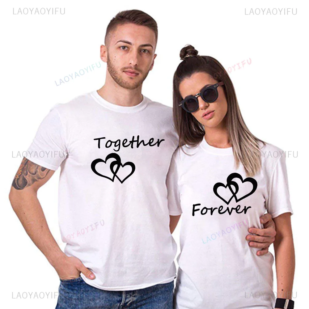 

Together and Forever Printed Black White T Shirts Summer Casual O-neck Short Sleeve Couple Lovers Tshirt Tops Streetwear Cotton