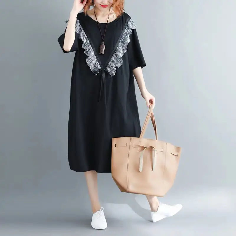 Plus Size Women's Clothing Literature and Art Patchwork Ruffles Three-dimensional Decoration Half Sleeve Black Straight Dress