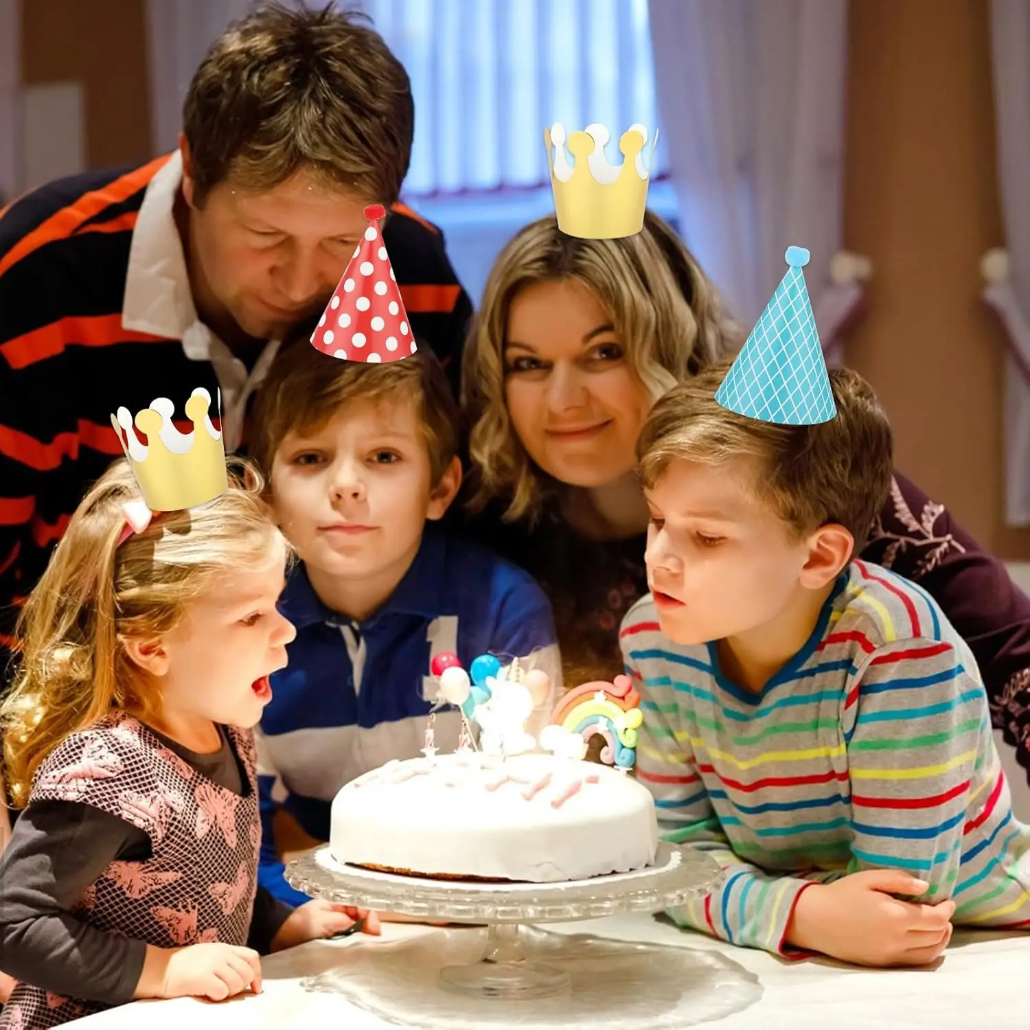 11 Pcs Birthday Party Hats,Party Hats Set Includes 9 Adorable Party Cone Hats with Pom Poms and 2 Paper Crowns Colorful Mini