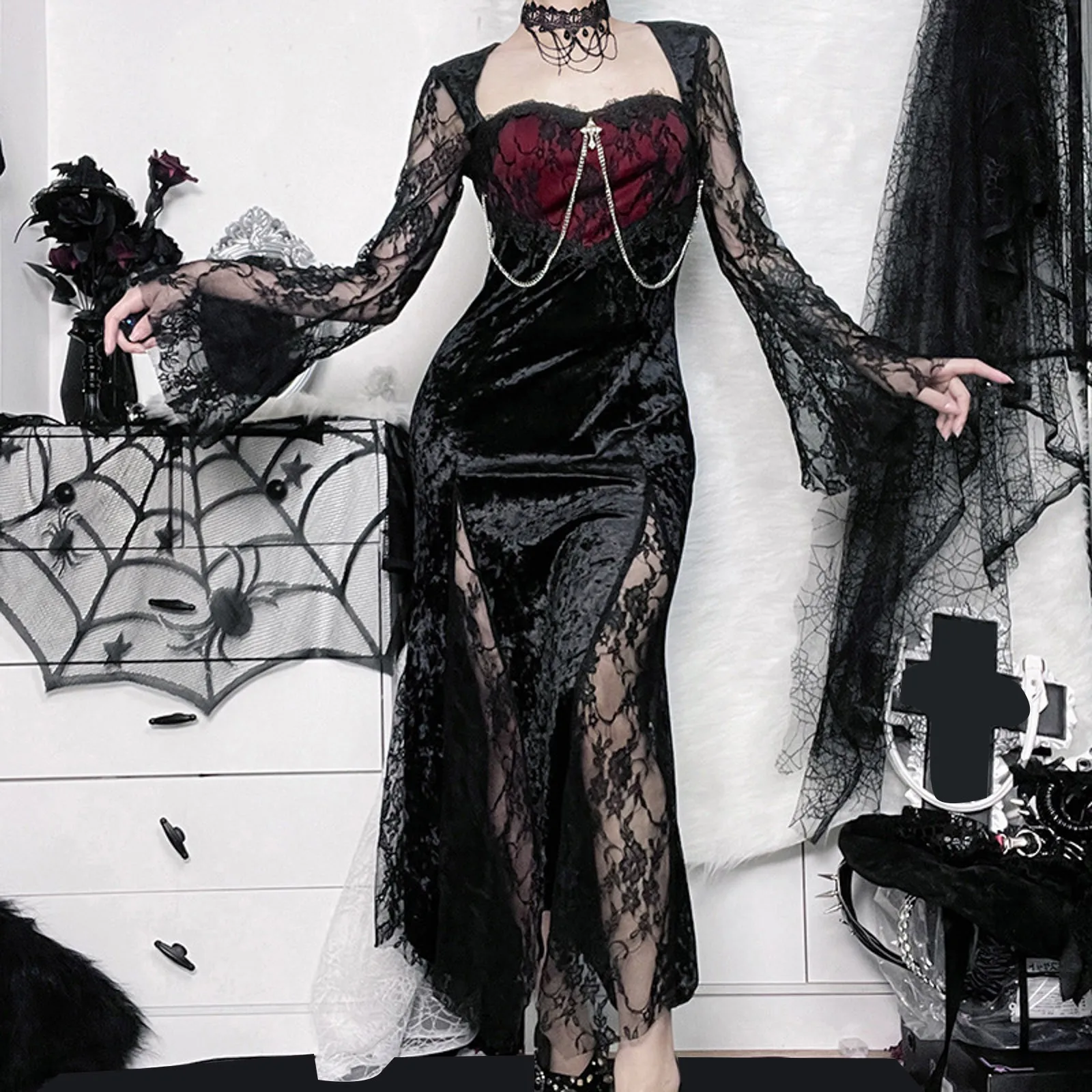 

Женское вечернее платье Goth Elegant Mall, готическое бархатное платье средней длины с кружевными вставками и разрезом