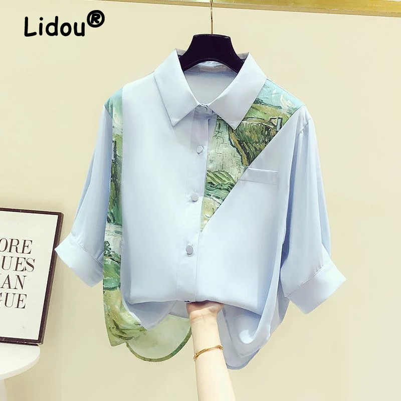 Women Fashion Vintage Print Patchwork Button Up Shirt 2024 Summer Turn Down Collar Chiffon Blouse Casual Half Sleeve Loose Tops