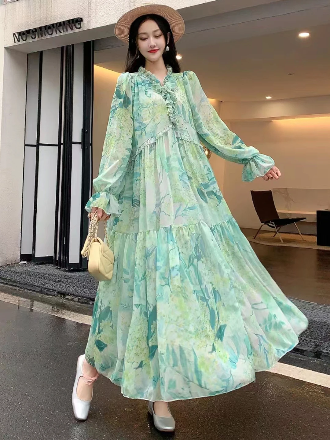 ワンピース Winter Floral Long-sleeve Dress Dresses Swing Long Sleeve Floral V Neck Dress Loose Midi
