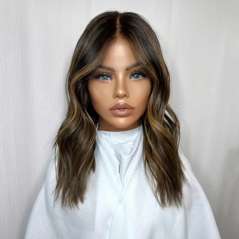 Natural Women"s Wig Dark Brunette Highlight Lace Front Wigs Synthetic Hair Chocolate Ash Brown Lace Wigs Heat Resistant Fiber