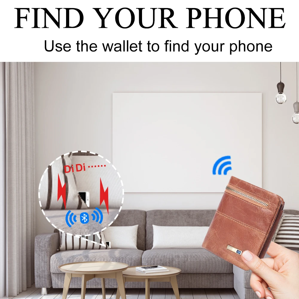 Smart anti-lost wallets Bluetooth Tracker genuine leather men wallet coin pocket chain zipper wallet card holder 4