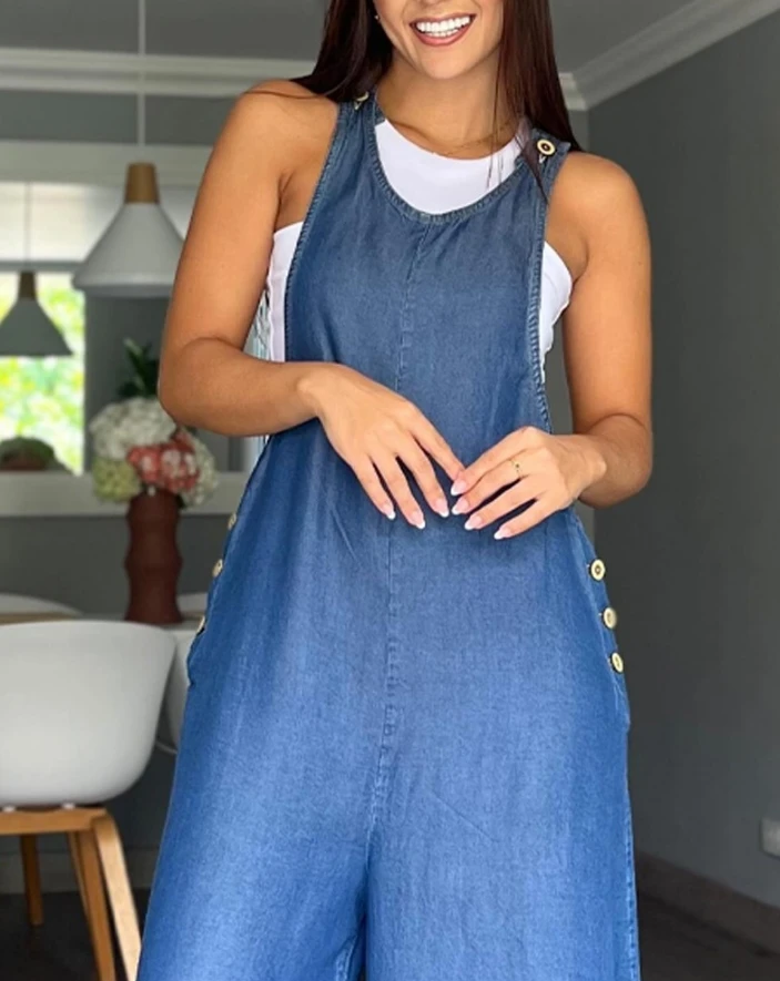 Jumpsuit Women 2024 Summer Women Casual One-Piece Solid Round Neck Sleeveless Pockets Button Loose Wide-Leg Fake Denim Rompers