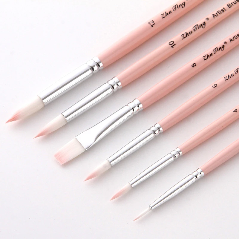 6 Pcs/Set Macaron Wooden Handle Nylon Hair Painting Brushes Watercolor Oil Acrylic Brush Art Pen for School Student Supply 6