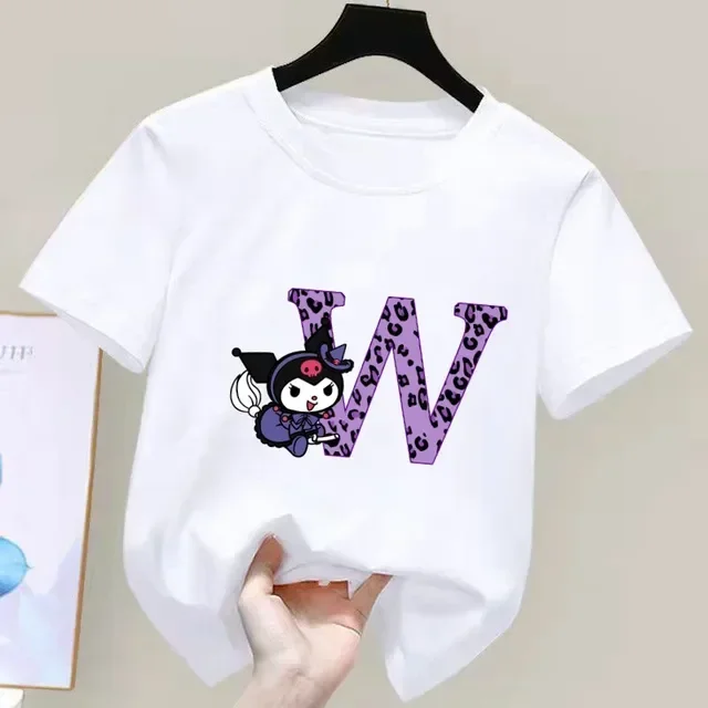thumbnail image 1 of Camiseta de manga corta de verano para niños de Sanrio con letras de la A a la Z de Kuromi Anime, ropa suave con forma de corazón para niñas, regalo de cumpleaños kawaii, 1 of 5