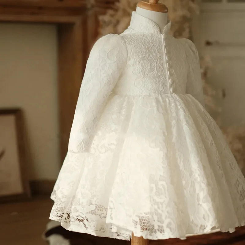 Long Sleeve Lace Ball Gown Flower Girl Dresses With Button Zipper Back High Neck Princess Baby Girls Dress Birthday Party