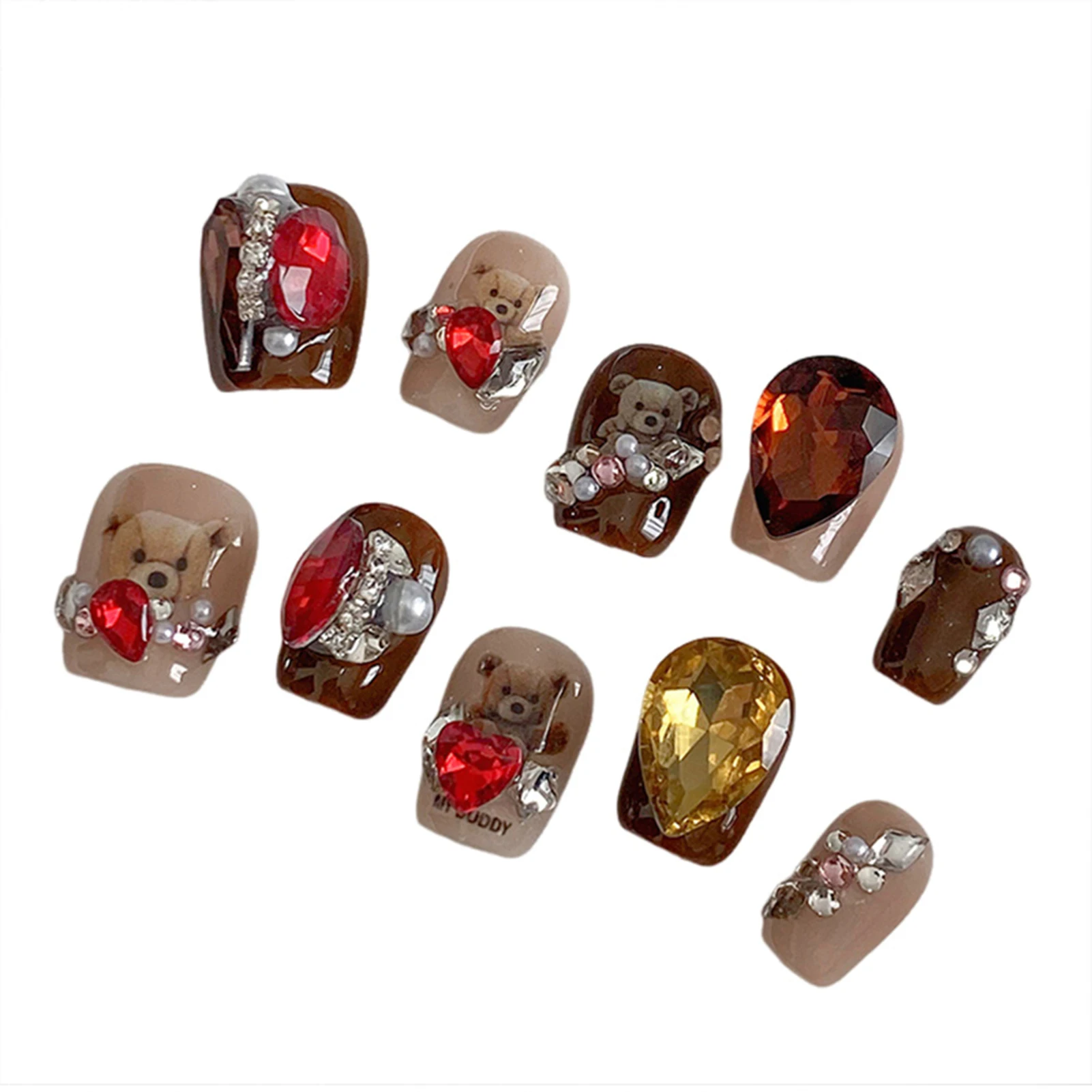 

Brown Press on Nails with Pearls Decor Full Cover Square Artificial Nail Tips for Shopping Traveling Dating