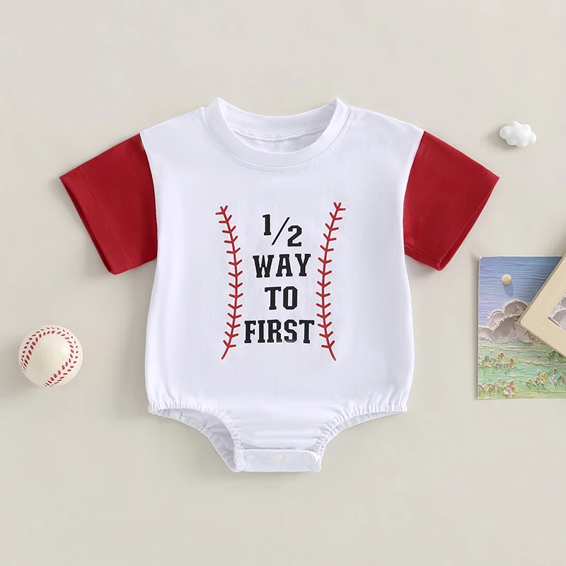 

2023-05-04 Lioraitiin 0-24M Baby Boy Summer Bodysuit Short Sleeve Crew Neck Letters Baseball Print Summer Jumpsuit