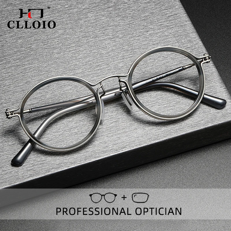 CLLOIO Retro Round Pure Titanium Anti Blue Ray Reading Glasses Men Myopia Glasses Luxury Acetate Prescription Eyewear Frames